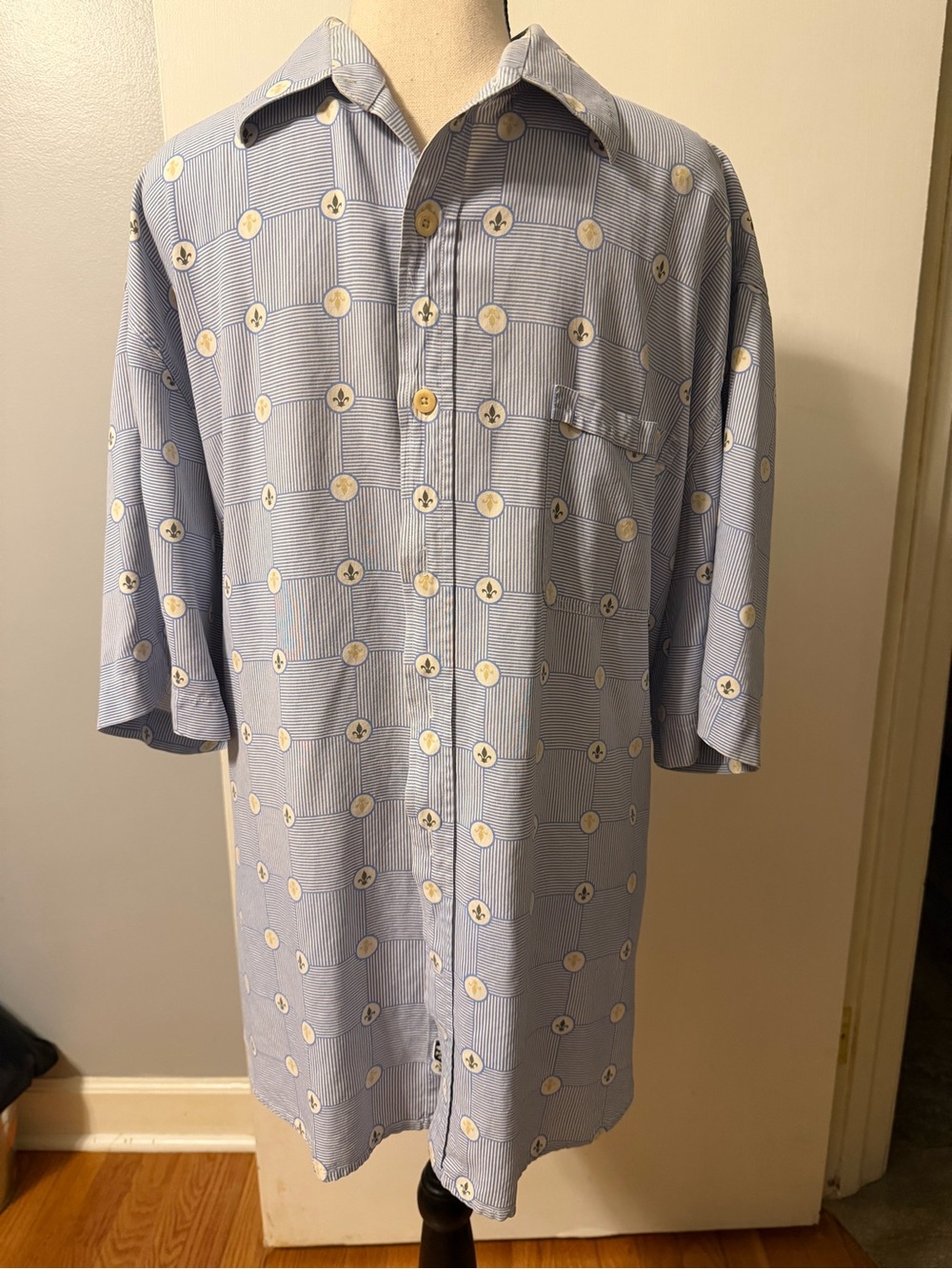 Nat Nast Blue and White Striped Printed 100% Silk XL Button Shirt